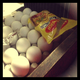 Eggs and an empty packet of Maggi.